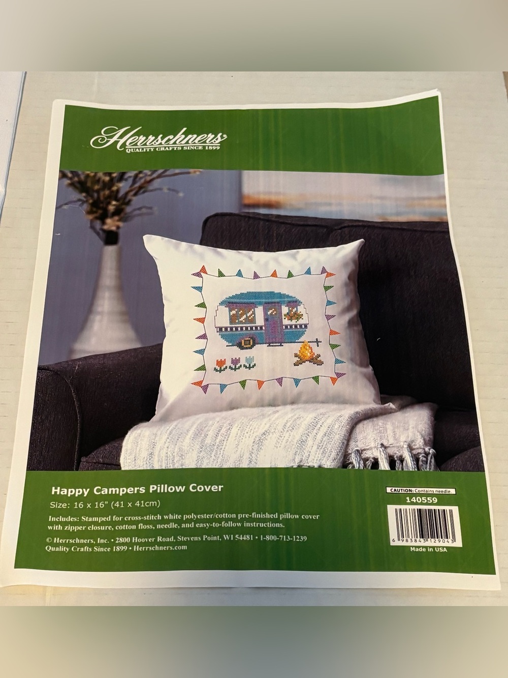 Herrschners Happy Campers Pillow Cover Stamped Cross Stitch Kit 16x16 Complete